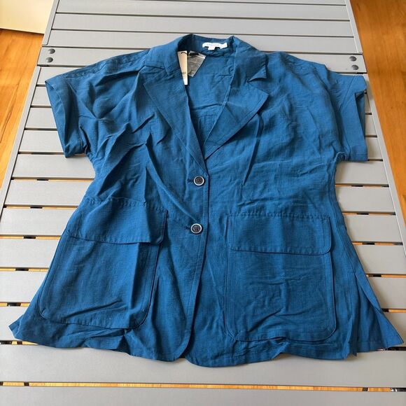 Chico's 2 Piece Suit Womens M Blue Short Sleeve Notch Lapel Slit Button NEW - Picture 2 of 10